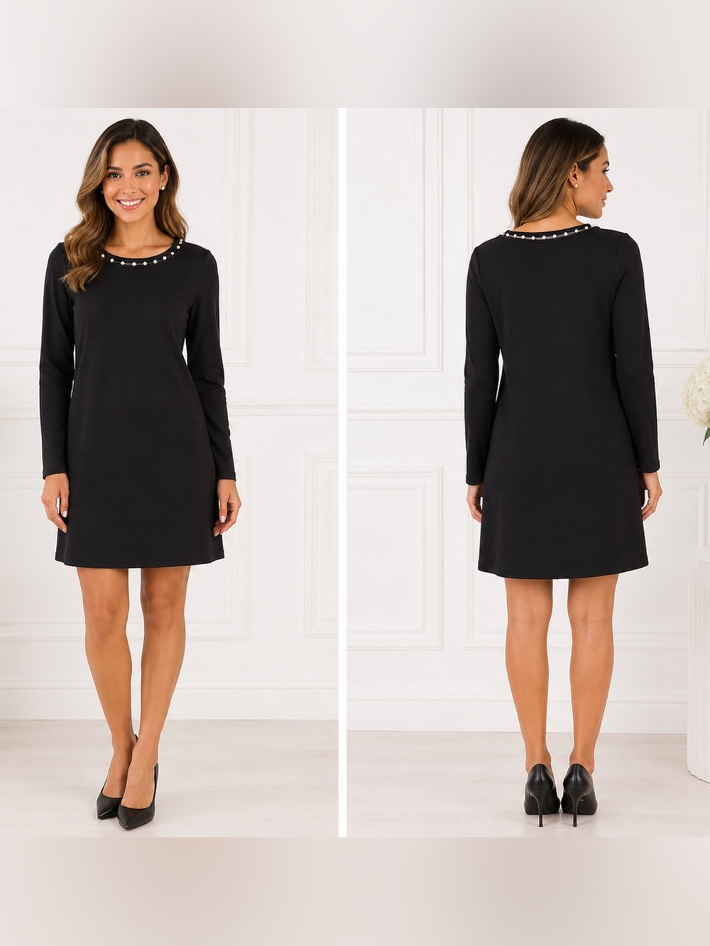 Classic Black Long-Sleeve Shift Dress with Pearl Trim